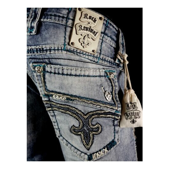 $220 Mens Rock Revival Jeans "Destin" Teal Stitch Leather Inserts Shorts 34 image {2}