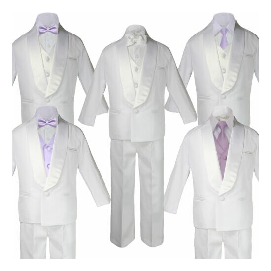 Baby Teen White Satin Shawl Lapel Suits Tuxedo LAVENDER Satin Bow Necktie Vest image {1}
