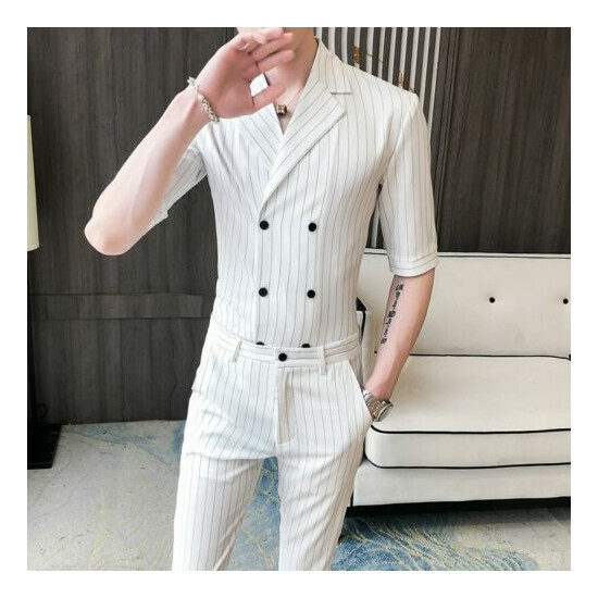 Men 2PCS Suit Striped Slim Fit Tights Pants Lapel Shirt Party Nightclub Blazer L image {6}