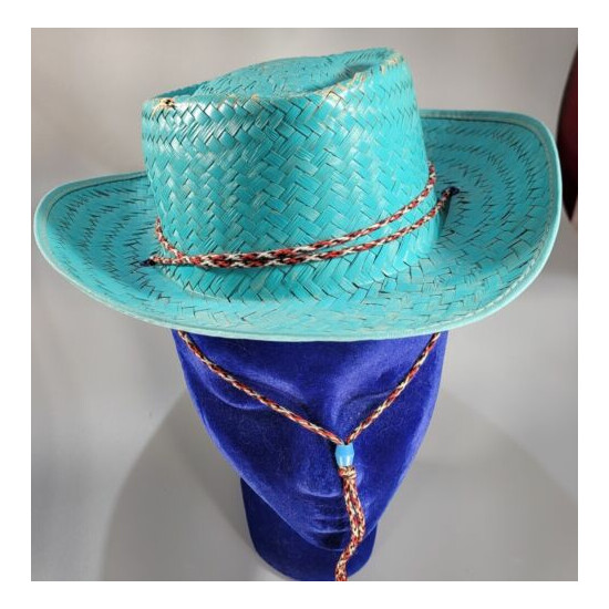 Vintage Infant/ Childs Straw Cowboy Hat Turquoise Color 4Th Of July Sun Hat image {3}