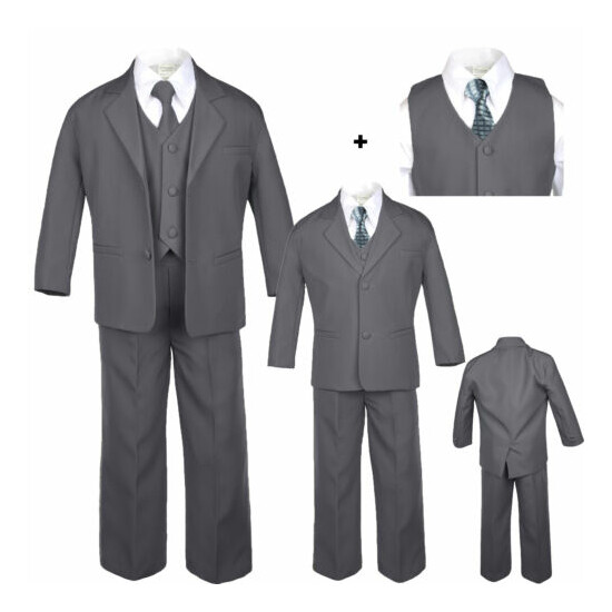 Baby Toddler Boy Dark Gray Wedding Formal Party Tuxedo Suits Checkered Tie S-20 image {1}