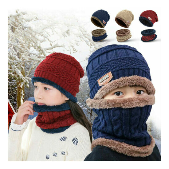 Kids Winter Hat Scarf Set Warm Fleece Balaclava Snow Ski Beanie Cap For Boy Girl image {1}