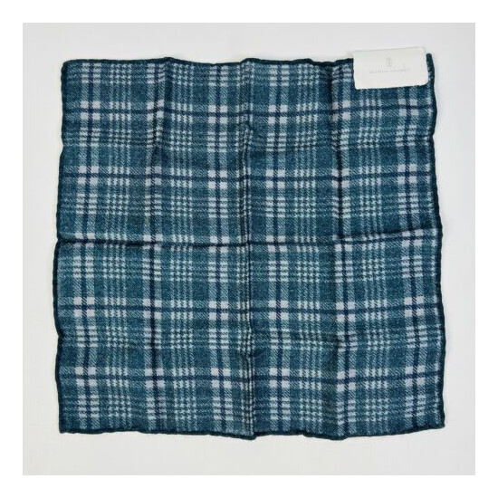 NWT Brunello Cucinelli Green Blue & Gray Plaid Wool Pocket Square image {1}