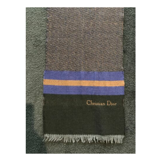 CHRISTIAN DIOR Vintage Chocolate,Blue,Black Wool Tweed Scarf UNISEX 26cm x 134cm image {2}