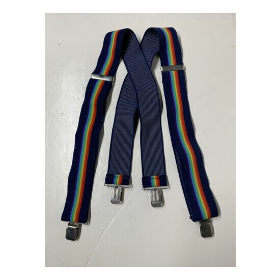 Vintage Multicolor Navy Blue / Rainbow Men’s 2" Wide Elastic Suspenders GUC image {1}