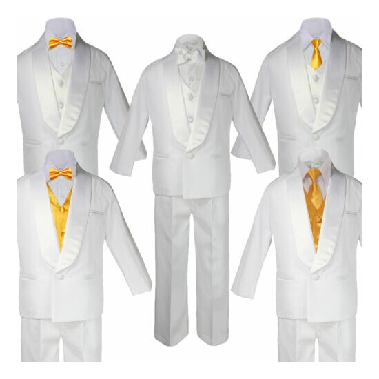 Baby Boy Teen White Satin Shawl Lapel Suits Tuxedo YELLOW Satin Bow Necktie Vest image {1}