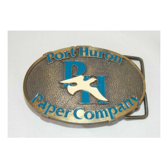 Vintage Port Huron Paper Company Metal Belt Buckle JJ Enamel Blue and White  image {1}