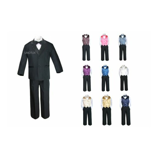 7pc Baby Kid Teen Boy Formal Wedding Black Suit Tuxedo + Satin Vest Bow Tie S-20 image {1}