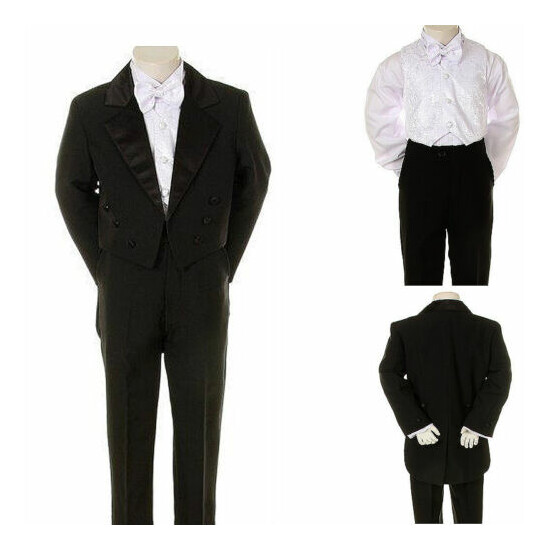 Black Toddler Boy Formal Tuxedo Tail Suit White Paisley Vest+a free black bowtie image {1}