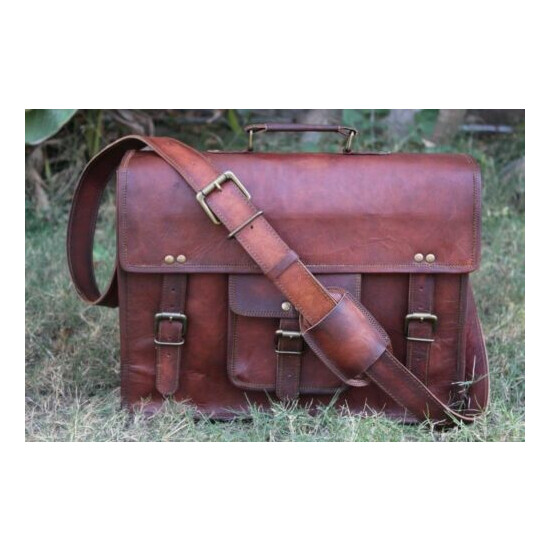 15" Men's Vintage Brown Leather Handbag Messenger Shoulder Laptop Bag Briefcase image {2}