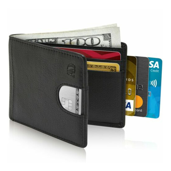 Leather Slim Wallets For Men Minimalist Bifold Mens Wallet With Pull Strap RFID image {2}
