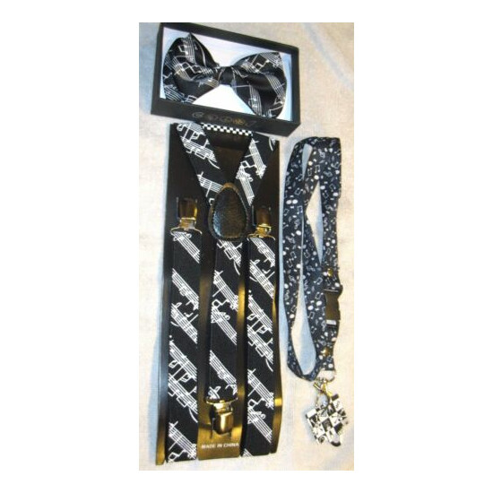 Black White MUSICAL NOTES PIANO KEYS Suspenders,Lanyard&matching Bowtie Bow Tie image {1}