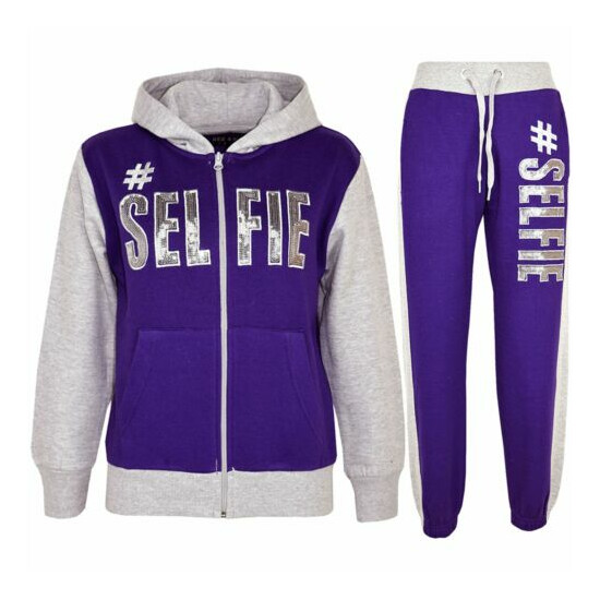 Kids #SELFIE Purple & Grey Tracksuit Sequin Embroidered Hoodie Jogger Girls 5-13 image {1}