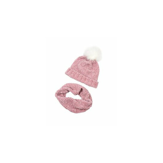 3POMMES Girl's Hat with Pompom and Snood Set in Pink, Sizes 4-12 image {1}