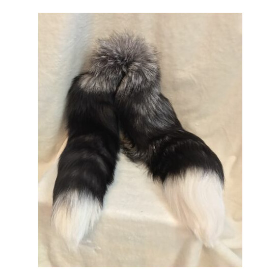 Canadian Natural Fox Tail Fur Mufflers Wrap, Black Gray White Tipped 48" Long image {4}