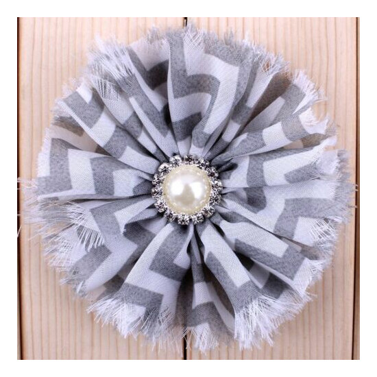 50pcs 3.6" Chiffon Fuzzy Edge Shabby Flower For Girls Striped Leopard With Pearl image {3}