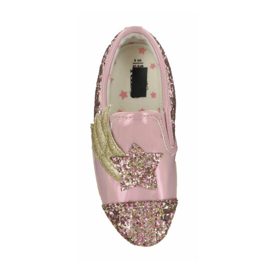 Ex M&S Girls Pink Glitter Star Pumps Padded Collar Slip On Comfort Patent Shoes image {3}