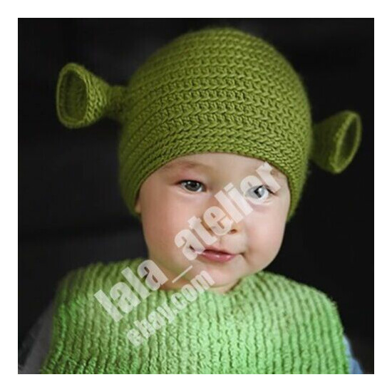 Baby newborn-3 months size. Hand crocheted green ogre shrek beanie. image {1}