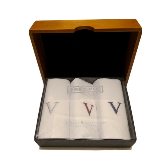 Set of 3 Jeffrey Banks Monogrammed V Men's White Handkerchief in Valet Box  image {1}