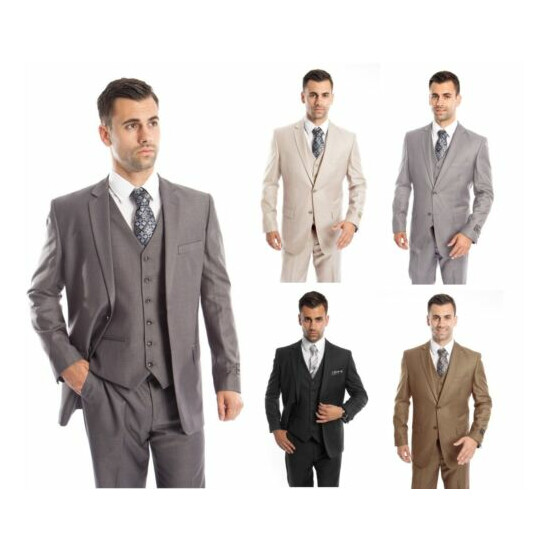 Men's Three Piece Vested Suit Modern Fit Two Button Formal Solid Dress Suits Set image {1}