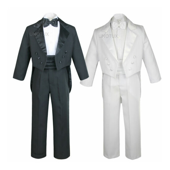 K 5pc Baby Toddler Boy Christening Baptism Formal Tail Tuxedo Suit White Black image {1}