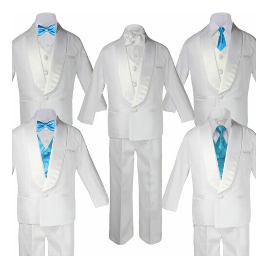 Baby Teen White Satin Shawl Lapel Suits Tuxedo AQUA BLUE Satin Bow Necktie Vest image {1}