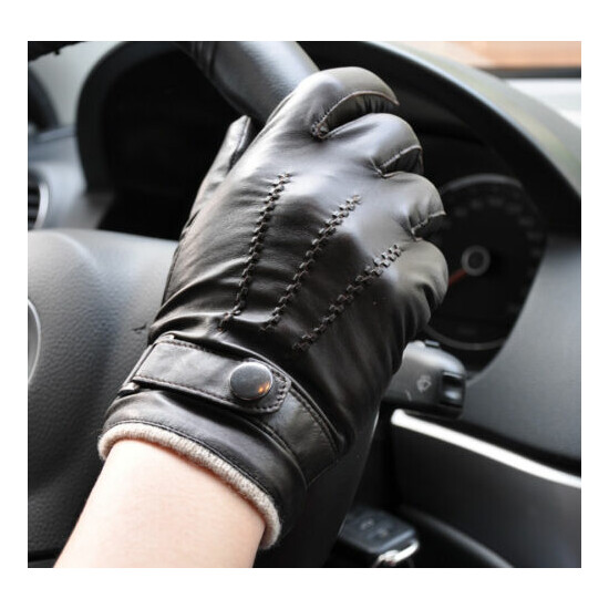 Men's Black Deluxe Fashion Genuine Goat Leather Wrist Gloves 3Lines Touch Screen image {1}
