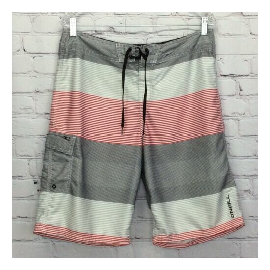 O'Neill Men’s Striped Board Shorts Size 33 Red White Black Swim Beach Sailing image {5}