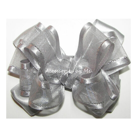 Silver Hair Bow Organza Satin Lame Baby Flower Girls Dressy Party Alligator Clip image {1}