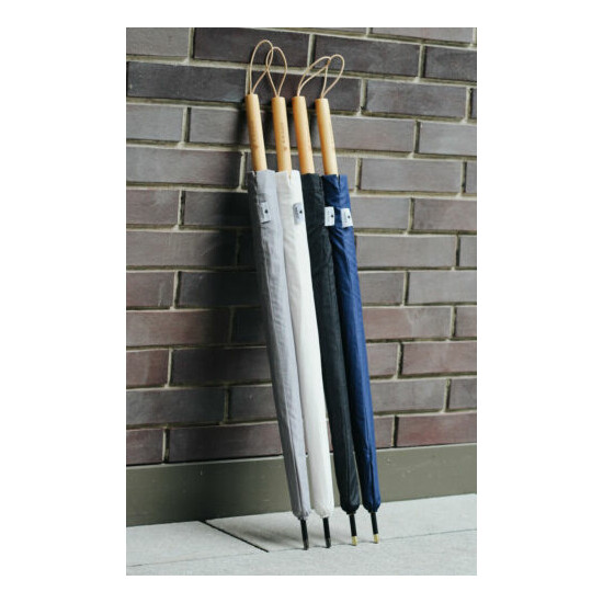 Real Wood Handle 16-ribs Classic Auto Open Stick Umbrella with Blue Canopy image {6}