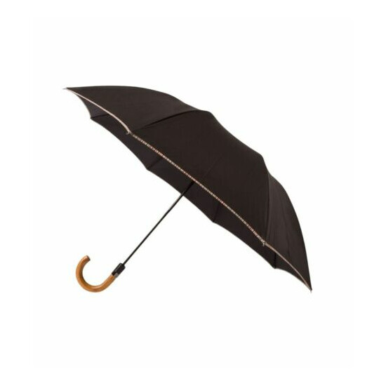 Paul Smith Black Signature Stripe Border Compact Umbrella With Wooden Handle image {1}