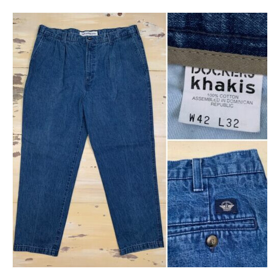 DOCKERS KHAKIS - Vtg Pleated Loose Tapered Denim Skate Blue Jeans, Mens 42 x 32 image {1}