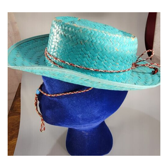 Vintage Infant/ Childs Straw Cowboy Hat Turquoise Color 4Th Of July Sun Hat image {1}