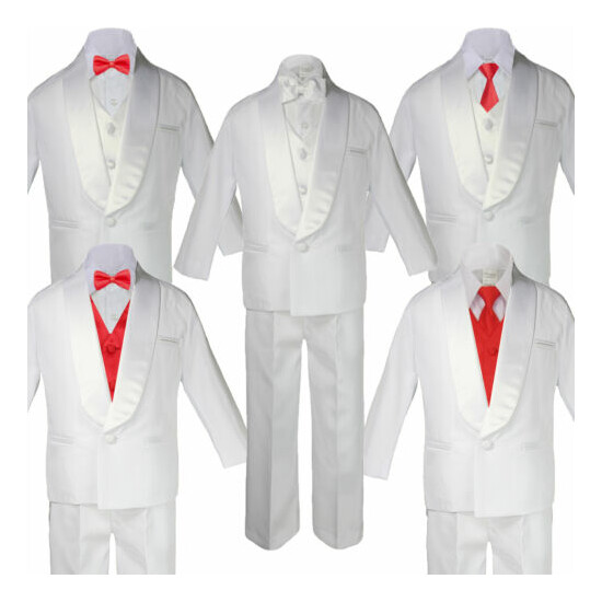 Baby Teen White Satin Shawl Lapel Suits Tuxedo RED HOT Satin Bow Necktie Vest image {1}