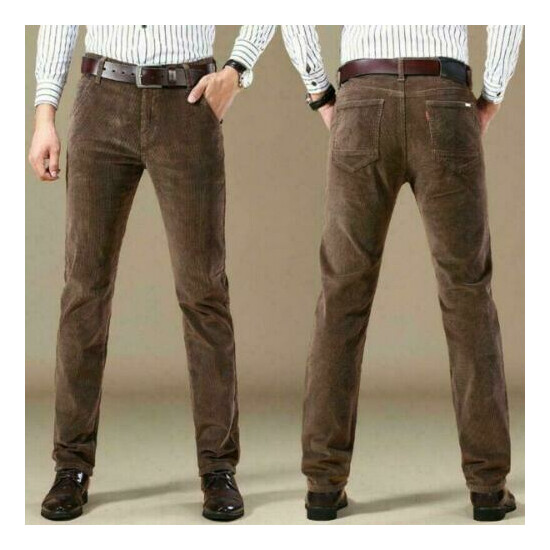 Men's Casual Business Pants Corduroy Straight Stretch Trousers Plain Slim Fit  image {1}