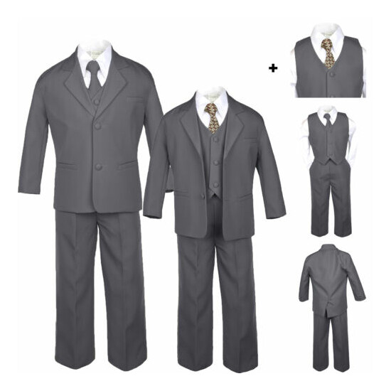 6pc Baby Toddler Boy Dark Gray Formal Wedding Party Tuxedo Suit Dot Necktie S-20 image {1}