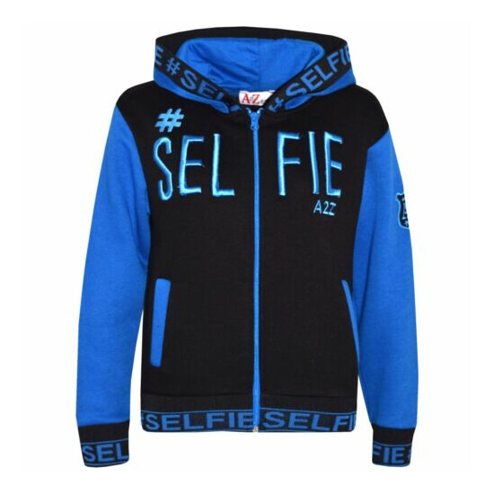 Kids Girls Boys Jacket #Selfie Embroidered Blue Zipped Top Hooded Hoodie 5-13 Yr image {1}
