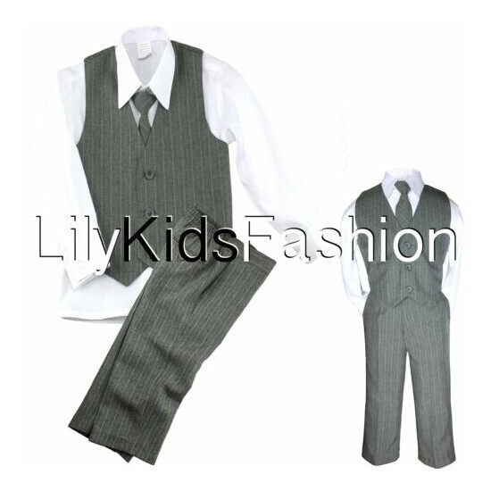 Baby Toddler Boy 4 PC Gray Khaki Vest Set Pinstripe Formal Wedding Tuxedo Suit  image {2}