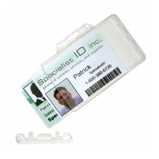 100 Clear Horizontal Permanent Locking ID Card Badge Holders Hard Rigid Plastic image {3}