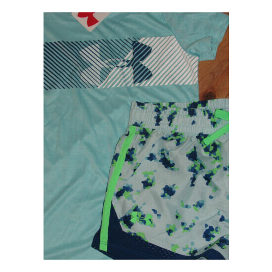 Under Armour logo top & patterned shorts NWT girls' L YLG teal blue image {2}