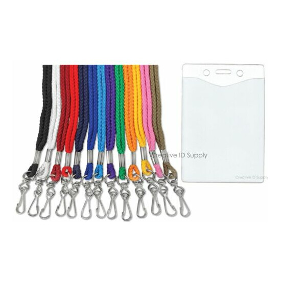 Lot of 100 VERTICAL 4X3 ID CARD HOLDERS + LOT 100 PC ROPE NECK STRAP ID LANYARDS image {1}