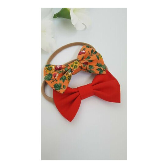 Floral or Red Hair Bow, Cotton Hair bow, Baby Shower, Baby Headband, Fabric Bows image {2}