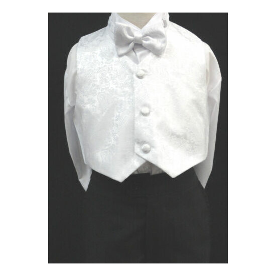 Infant Toddler Boy Formal Tuxedo black/wht vest brocade 5 pc Suit set size S-20 image {5}