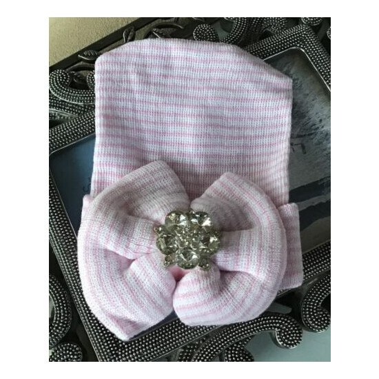 Pink bow jeweled hospital hat, shower gift, newborn, handmade image {1}