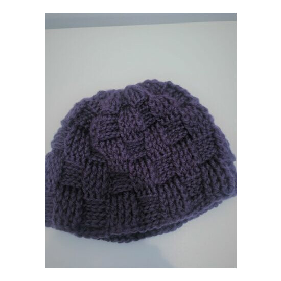 Toddler Crochet Beanie 100% Merino, 5.5" length, Purple Basketweave design image {3}
