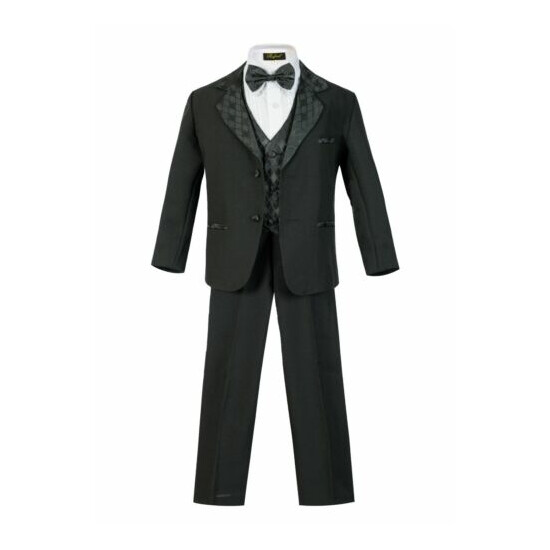 Todller Boys Tuxedo suit 5pc set coat,satin pattern vest,pant,shirt,Bow tie  image {4}