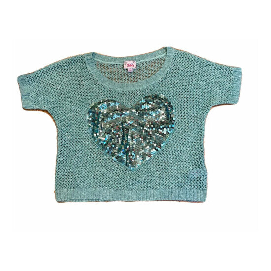 Justice Girl's Size 10 HEART Flip Sequin Short Sleeve Sweater in Green image {2}