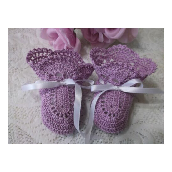 Handmade, Hand Crocheted Baby Bonnet and Booties - Lavender w/White Ribbons image {2}
