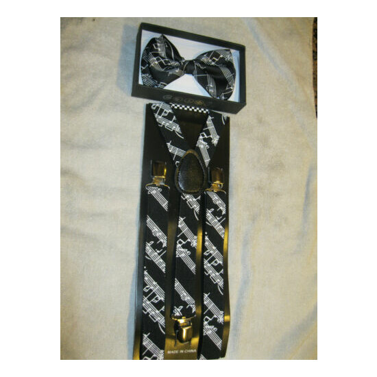 Black White MUSICAL NOTES PIANO KEYS Suspenders,Lanyard&matching Bowtie Bow Tie image {2}