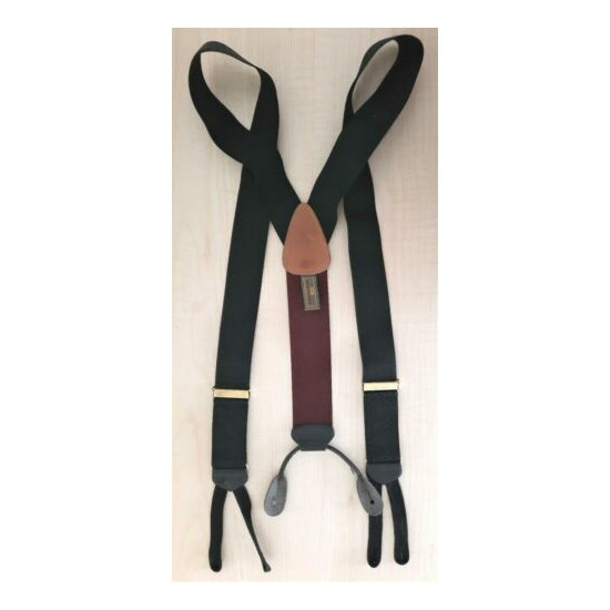Trafalgar Black Textured Stretch, Brass & Leather Button Suspenders Braces  image {2}